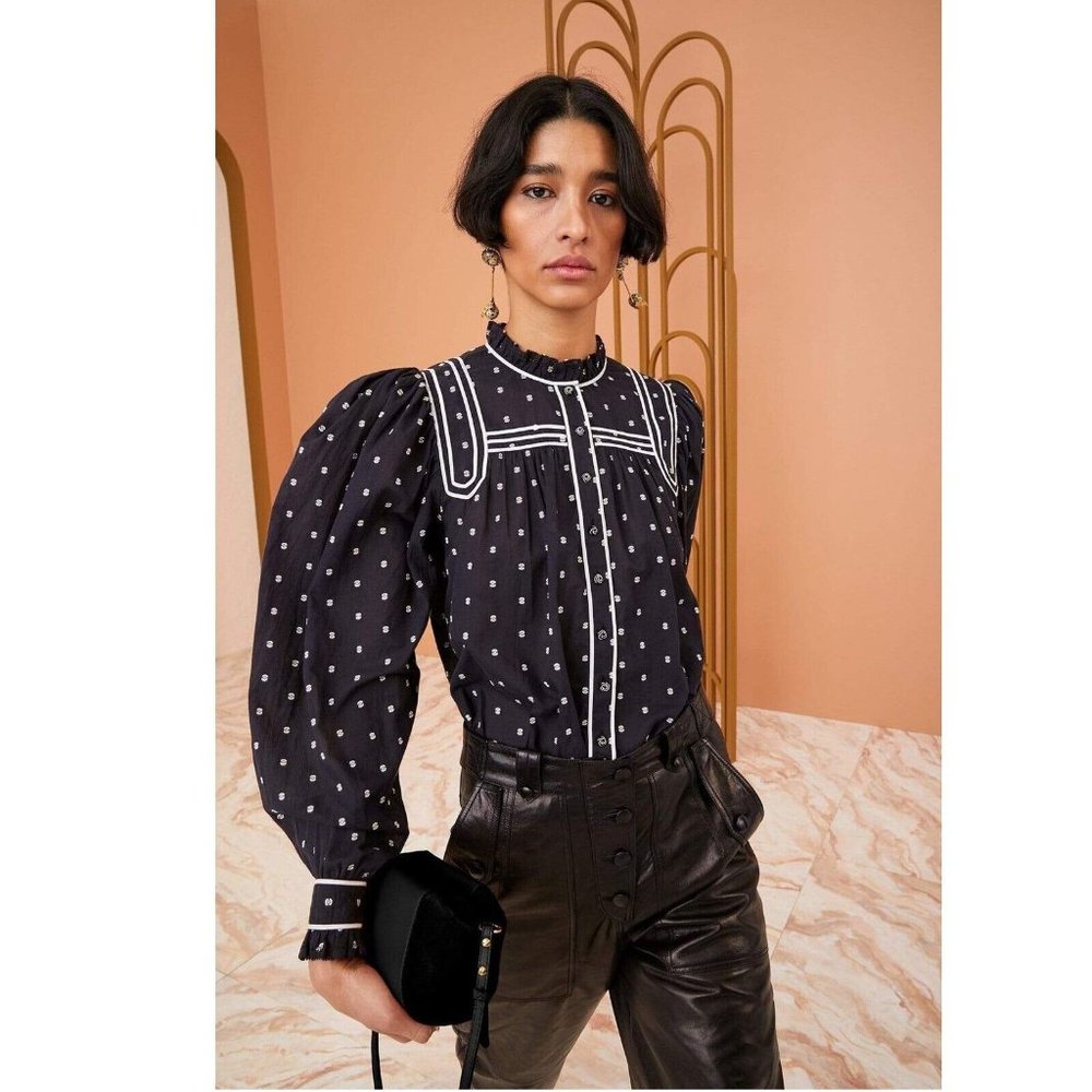 Ulla Johnson Abigail Blouse Top Dot Embroidered Buttondown Black S
